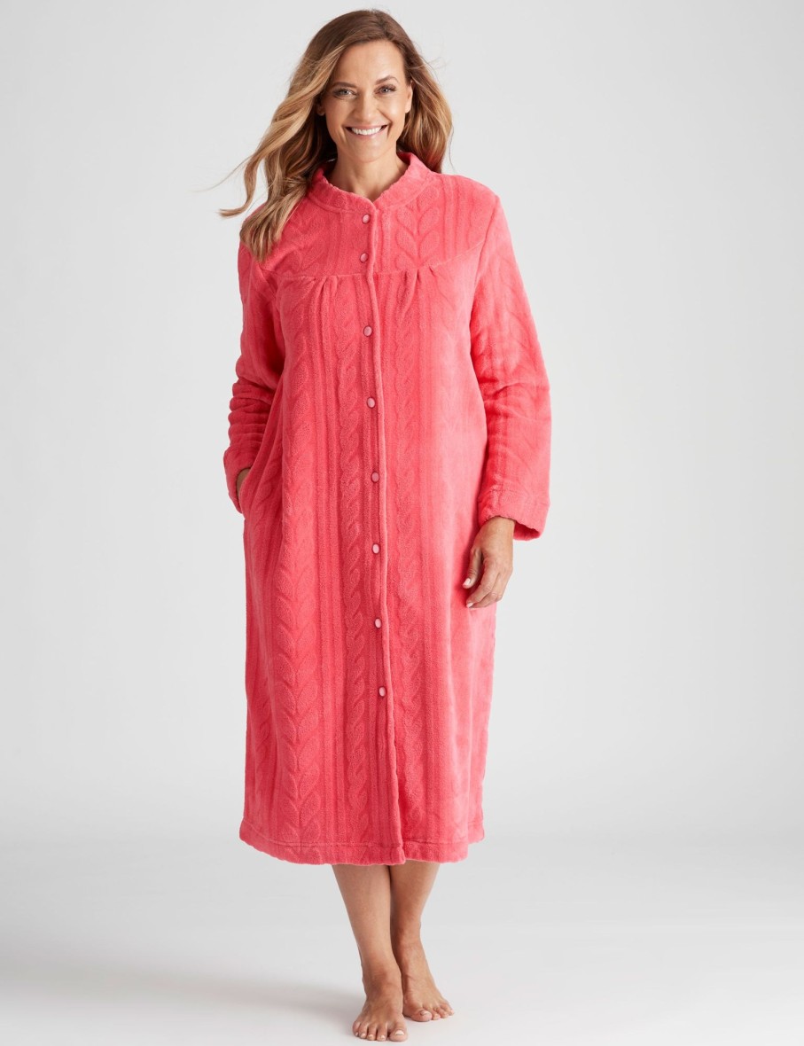 Sleepwear Millers | Millers Button Through Embosseded Coral Fleecy Bed Jacket