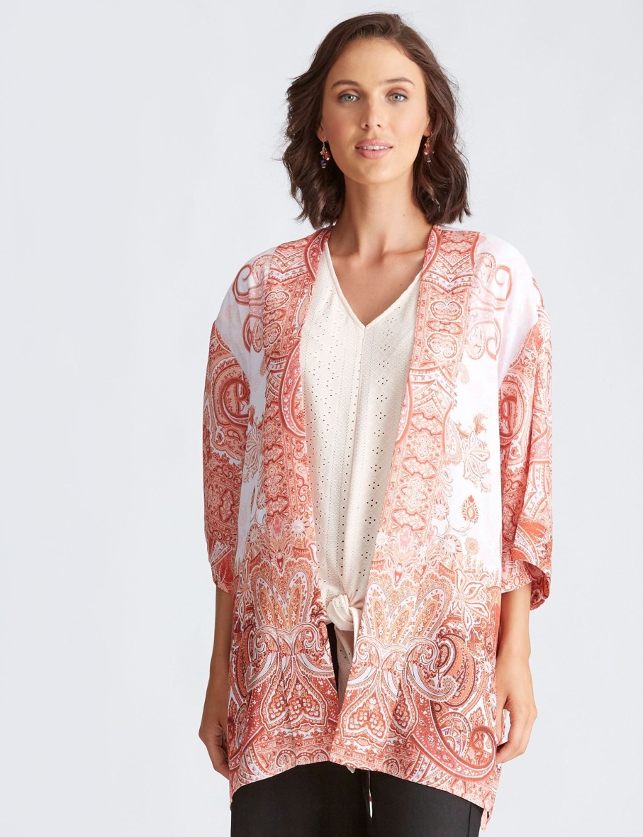 Outerwear Katies | Katies Woven Banded Trim Kimono