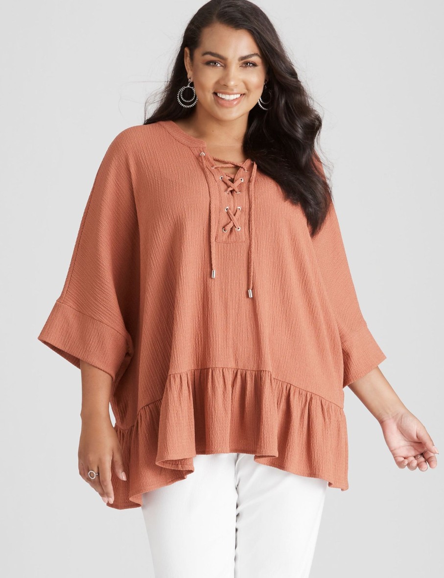 Tops Beme | Beme Lace Up Frill Hem Shirt