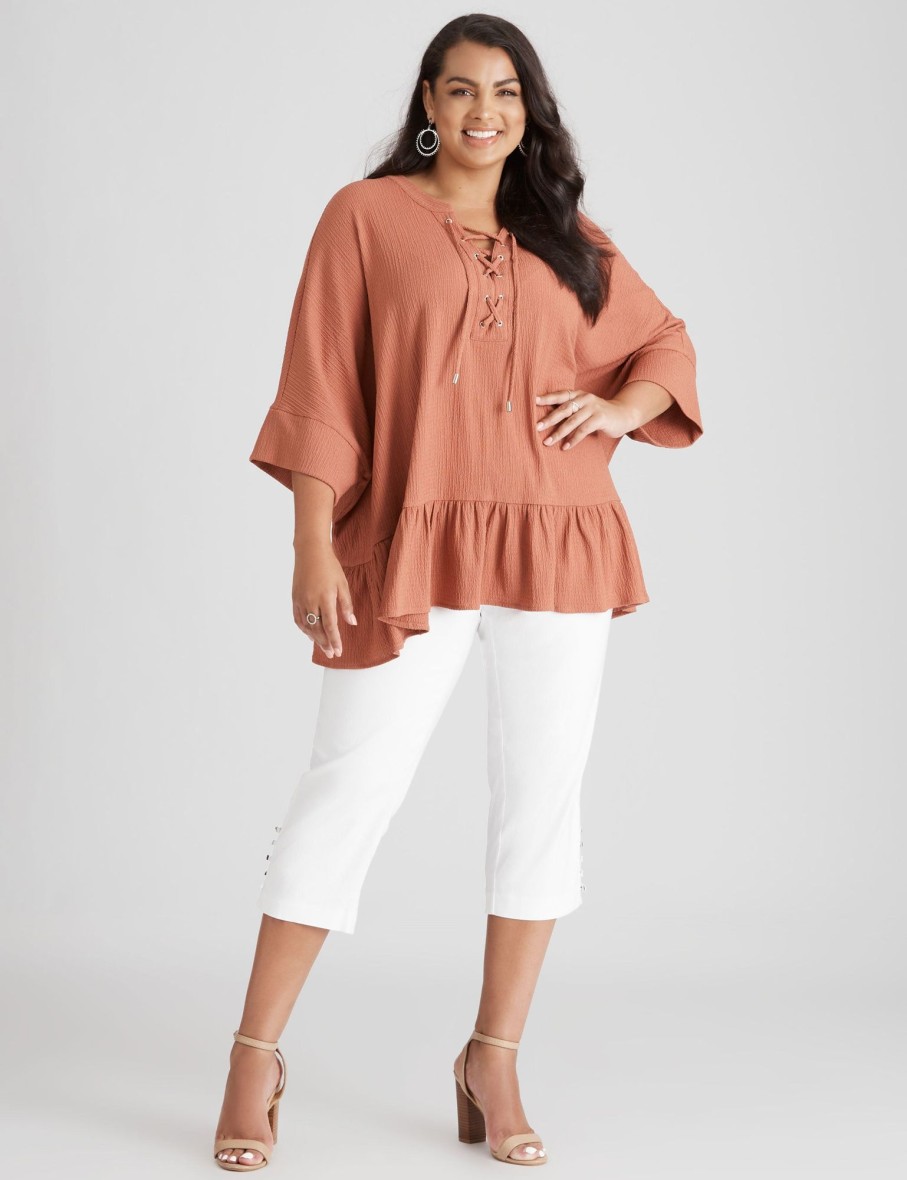 Tops Beme | Beme Lace Up Frill Hem Shirt