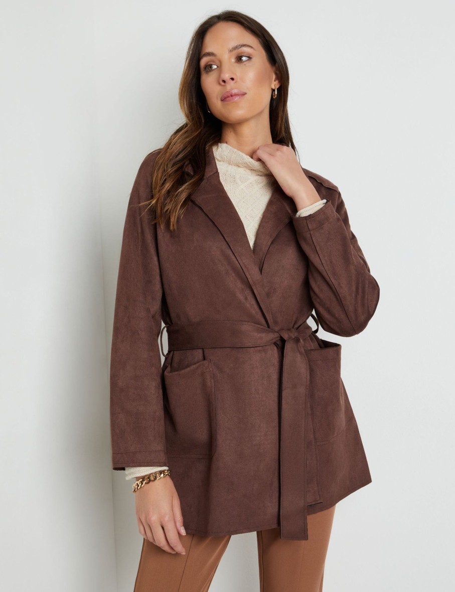 Outerwear Katies | Katies Lapel Collar Belted Suedette Jacket