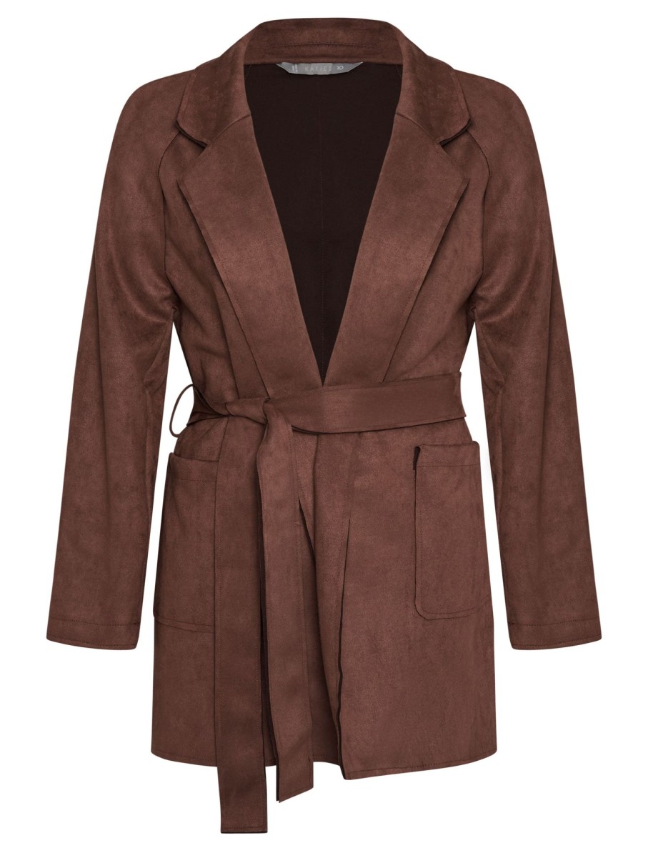 Outerwear Katies | Katies Lapel Collar Belted Suedette Jacket