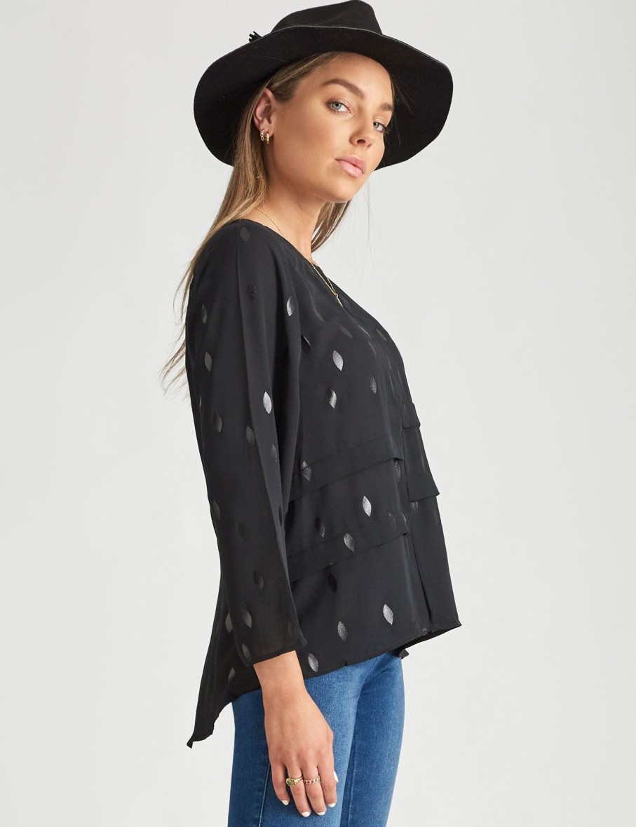 Tops Rockmans | Rockmans Flared Sleeve Asymmetric Detail Woven Top