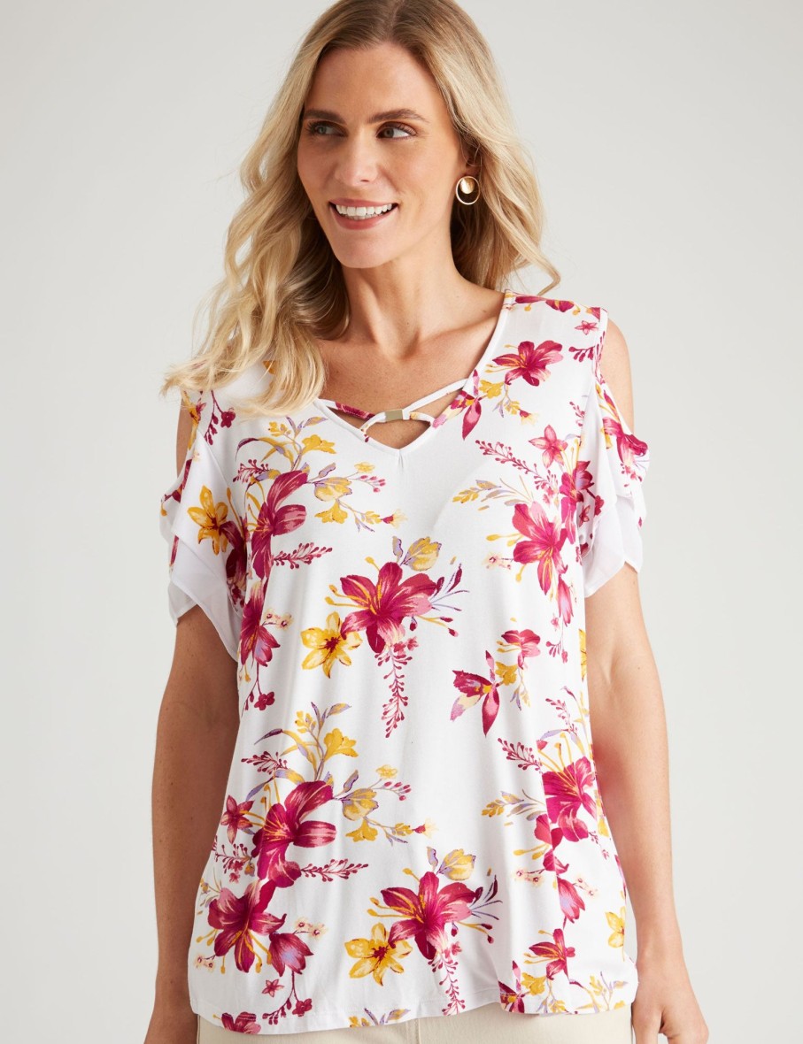 Tops Millers | Millers Short Sleeve Printed Cold Shoulder Top With Frill Sleeve