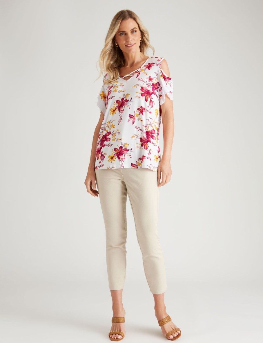 Tops Millers | Millers Short Sleeve Printed Cold Shoulder Top With Frill Sleeve