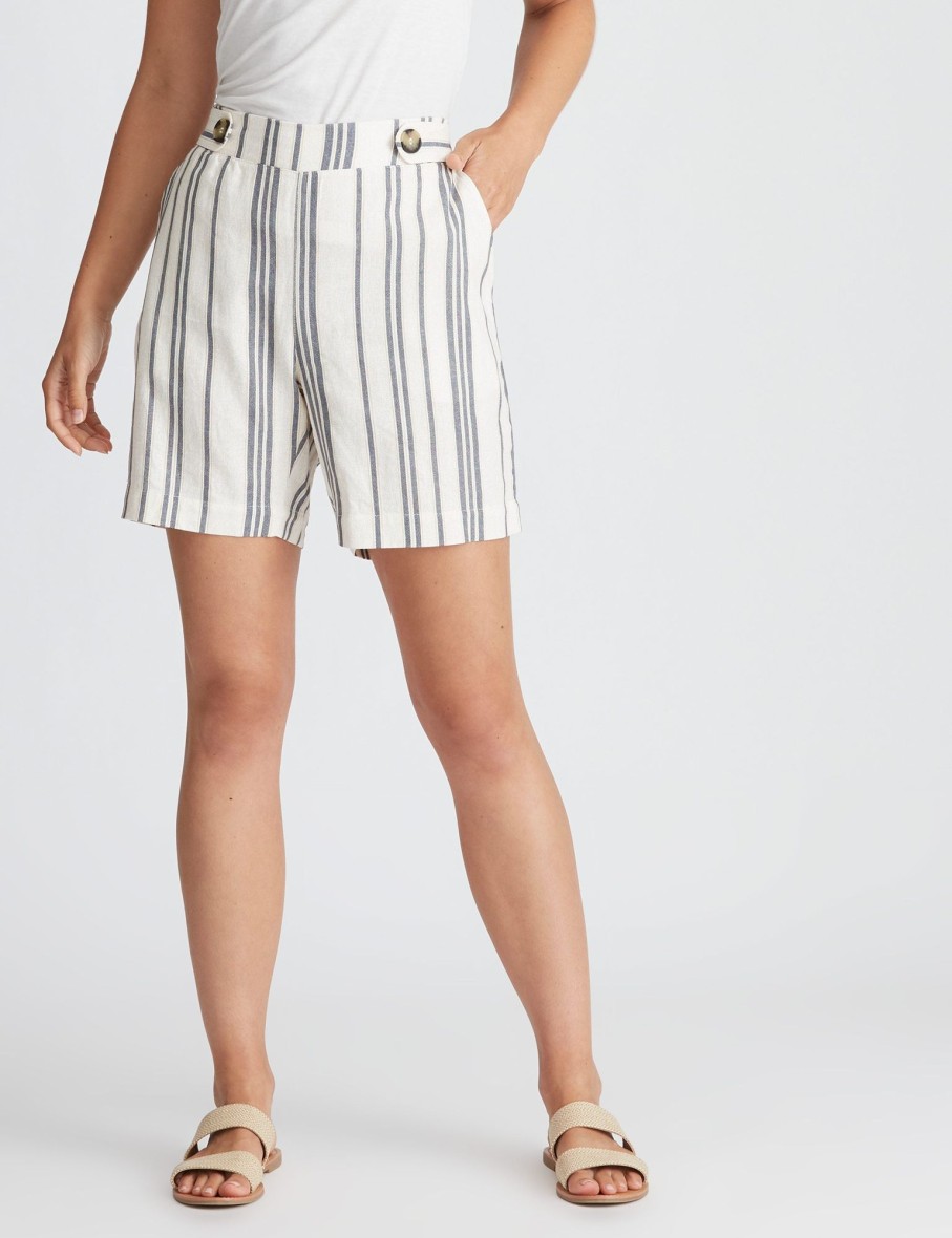 Bottoms Rockmans | Rockmans Tab Waist Linen Stripe Shorts