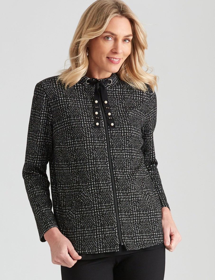 Outerwear NoniB | Noni B Zipped Front Check Knitwear Jacket