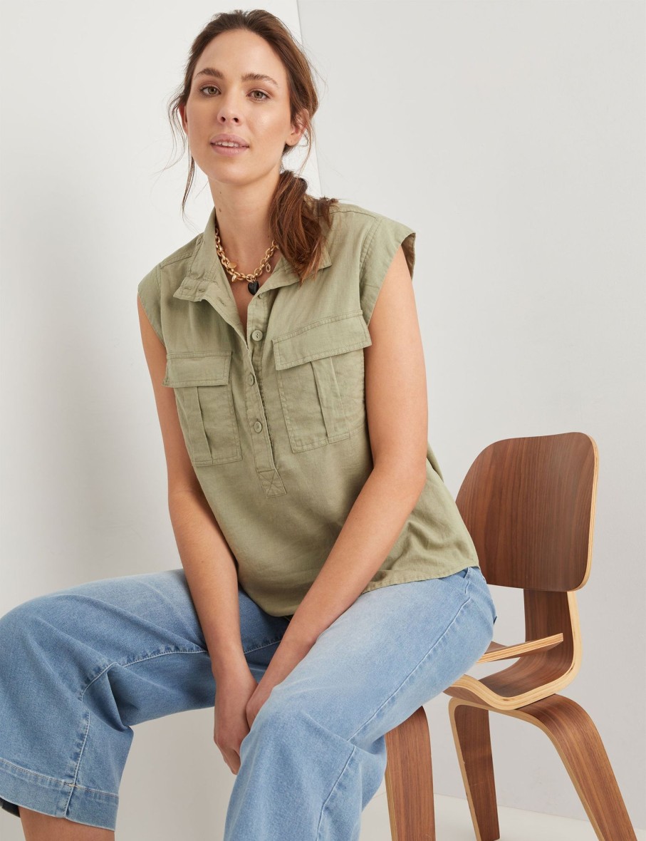 Tops Katies | Katies Linen Cap Sleeve Pocket Front Shirt