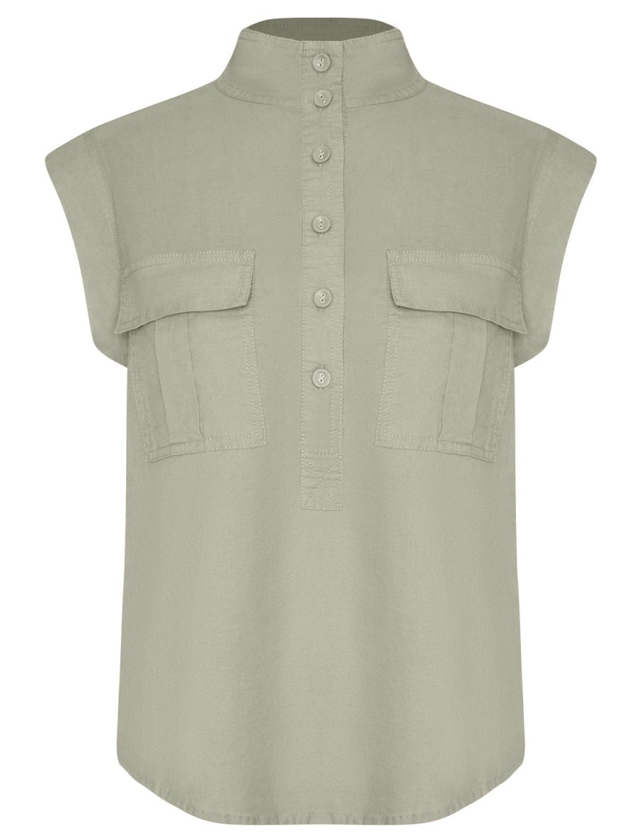 Tops Katies | Katies Linen Cap Sleeve Pocket Front Shirt