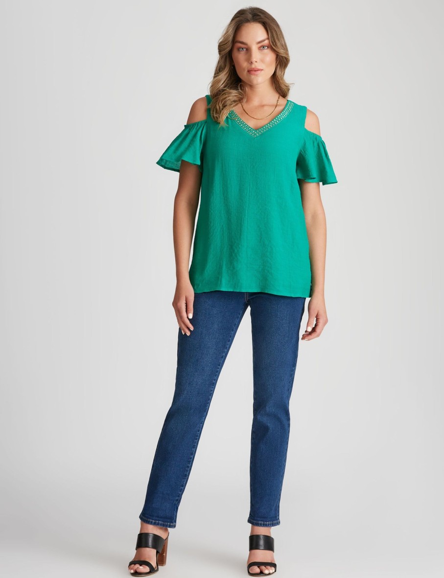 Tops Rockmans | Rockmans Short Sleeve Woven Cold Shoulder Top