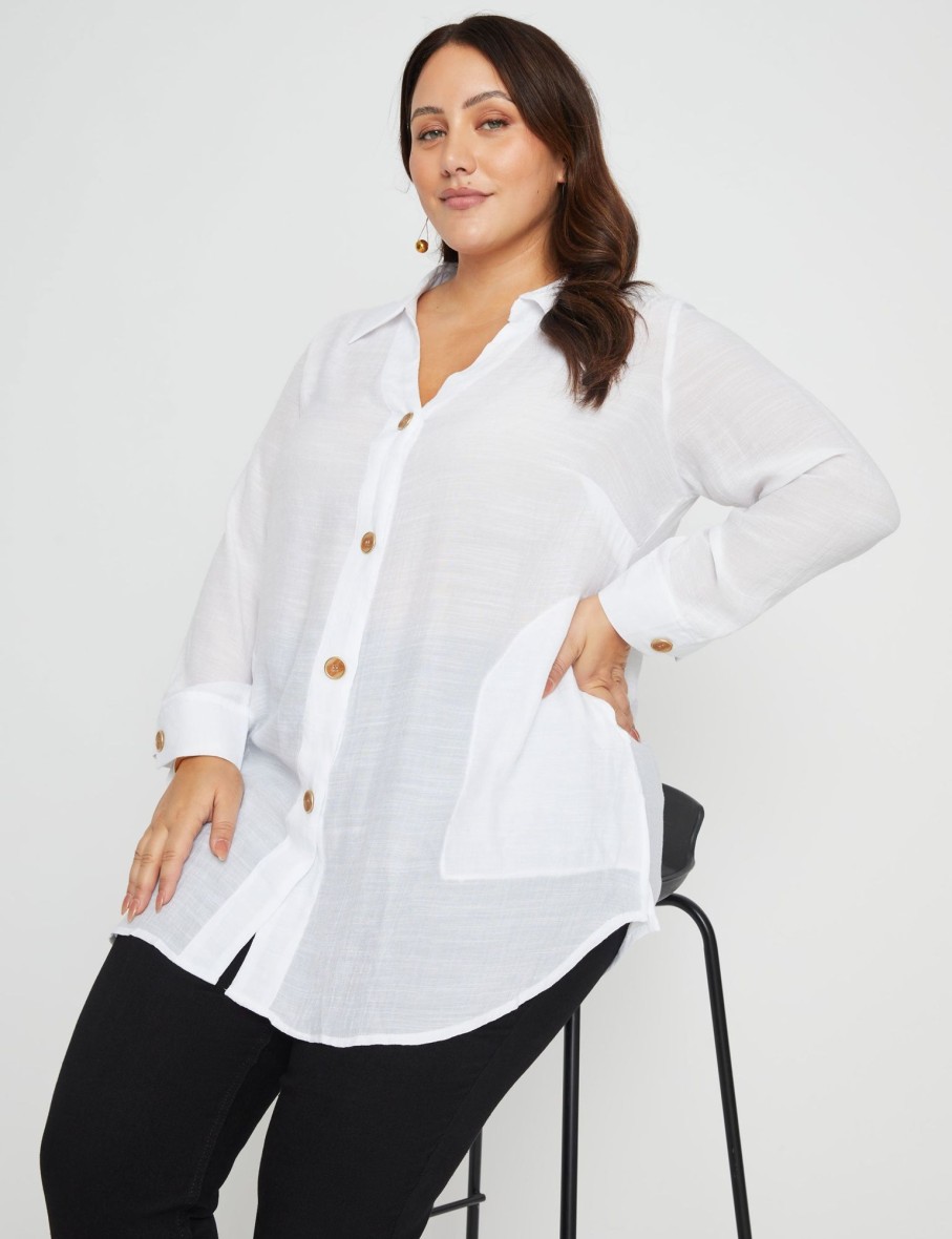 Tops Beme | Beme 3/4 Sleeve Button Detail Double Layer Woven Tunic Shirt