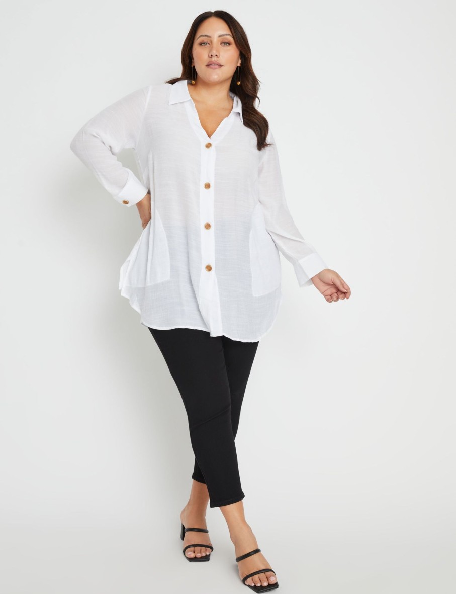 Tops Beme | Beme 3/4 Sleeve Button Detail Double Layer Woven Tunic Shirt