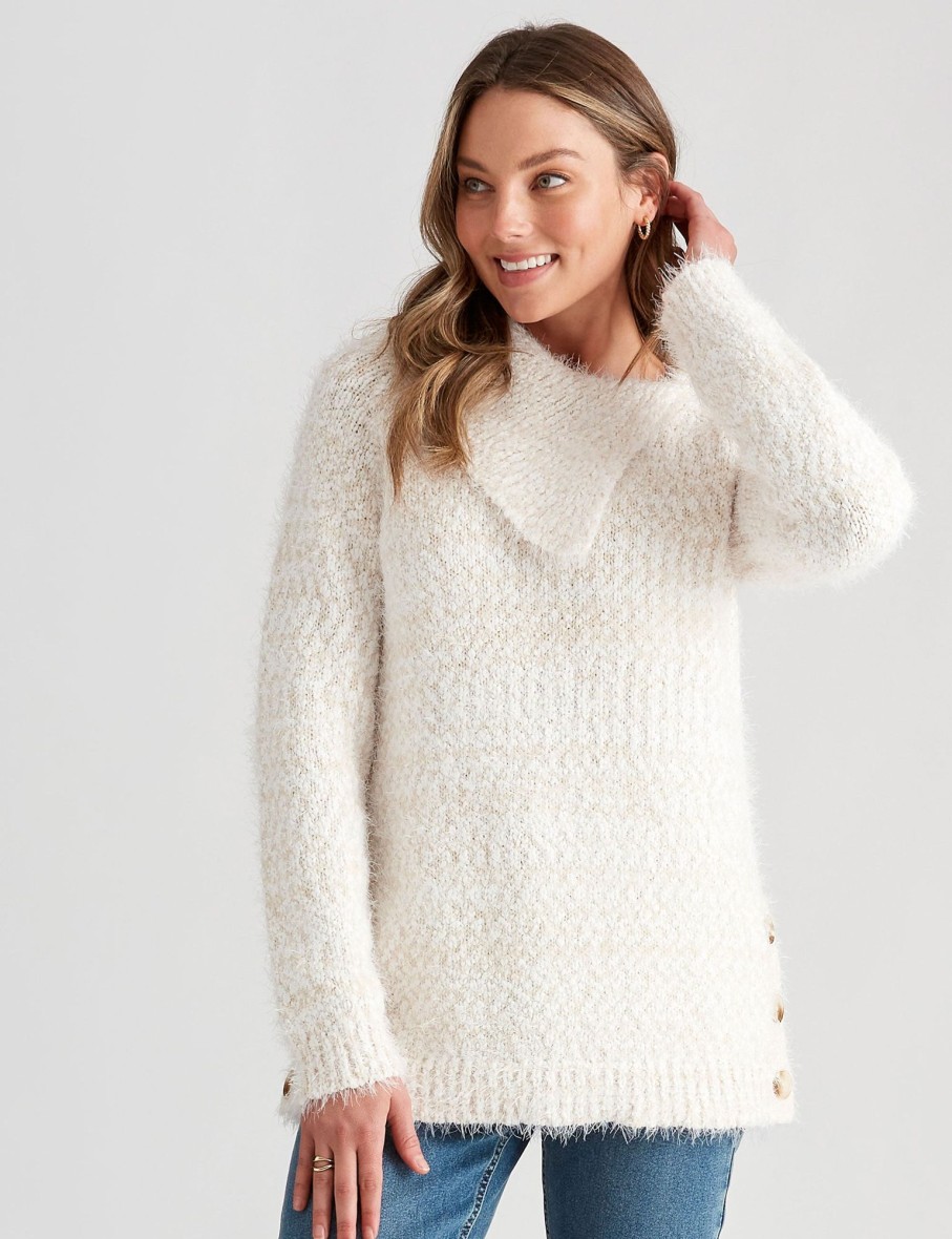 Knitwear Rockmans | Rockmans Long Sleeve Fuzzy Chenille Cowl Knitwear Top