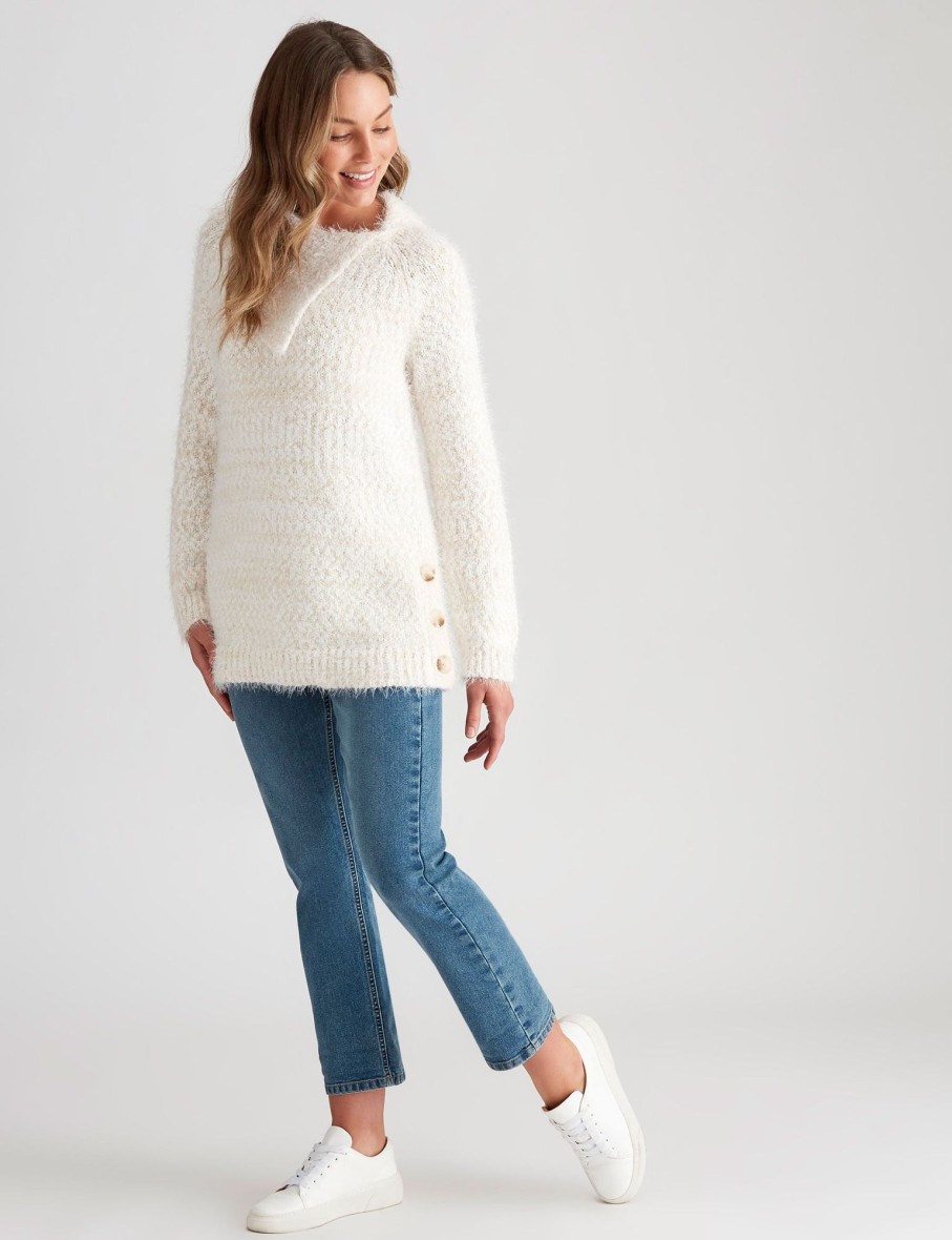 Knitwear Rockmans | Rockmans Long Sleeve Fuzzy Chenille Cowl Knitwear Top