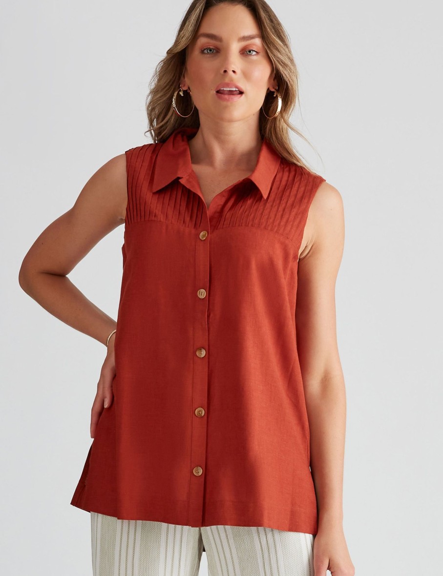 Tops Rockmans | Rockmans Linen Pintuck Sleeveless Shirt