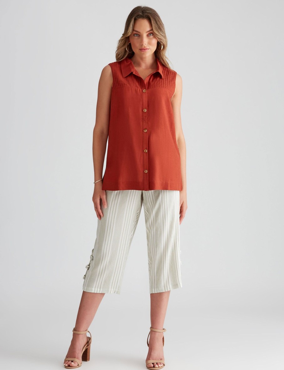 Tops Rockmans | Rockmans Linen Pintuck Sleeveless Shirt