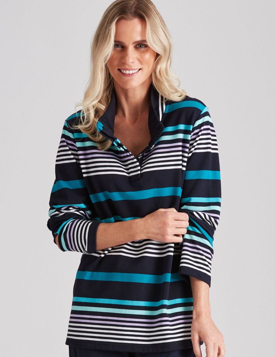 Outerwear Millers | Millers Long Sleeve Half Placket Stripe Leisure Top