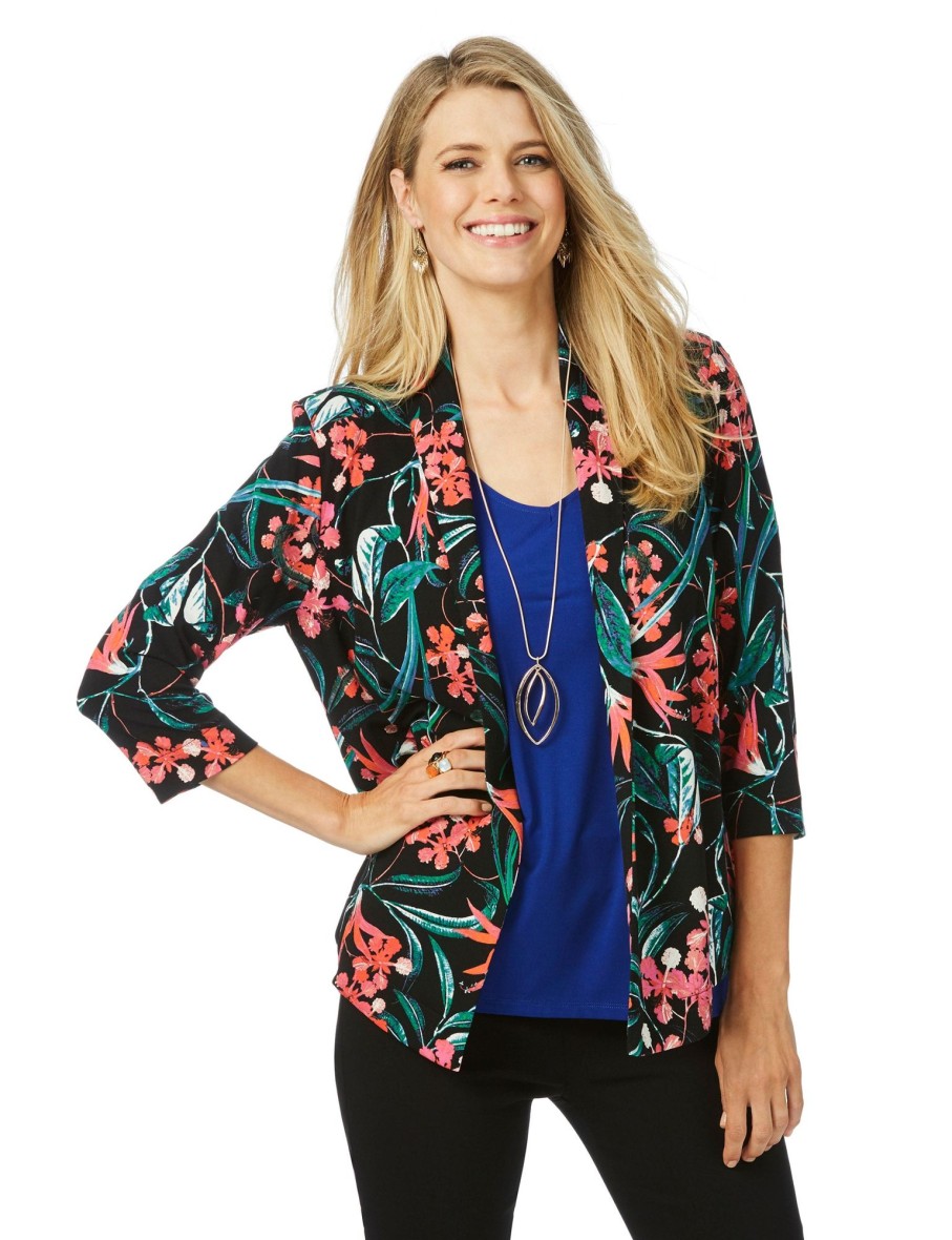 Outerwear Rockmans | Rockmans Qtr Sleeve Floral Print Eyelet Blazer