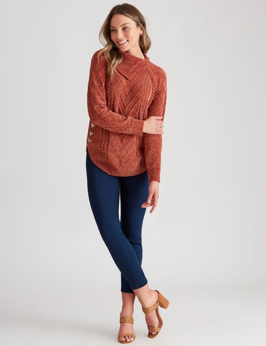 Knitwear Rockmans | Rockmans Long Sleeve Cable Detail Button Knitwear Top