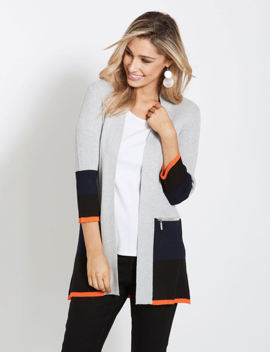 Knitwear Rockmans | Rockmans 3/4 Sleeve Colour Block Zip Mid Cardigan