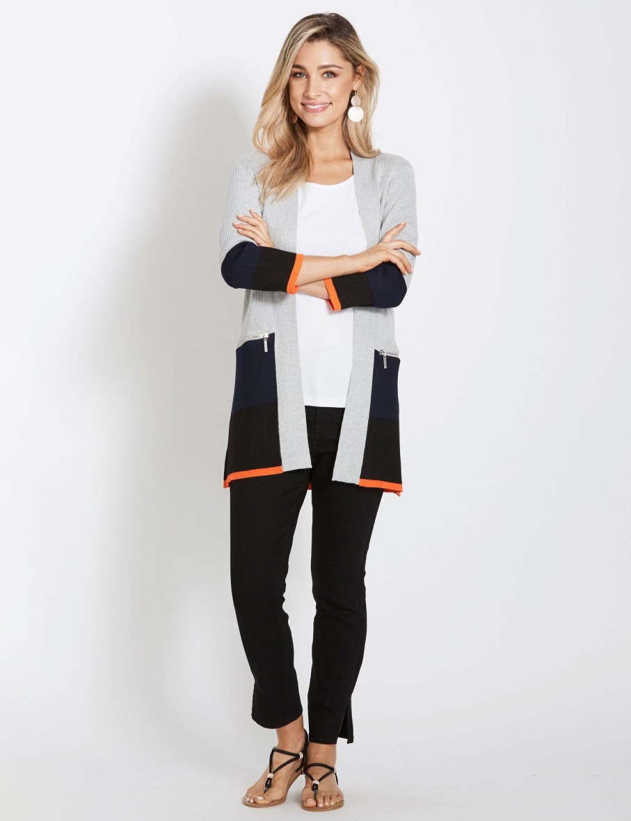 Knitwear Rockmans | Rockmans 3/4 Sleeve Colour Block Zip Mid Cardigan