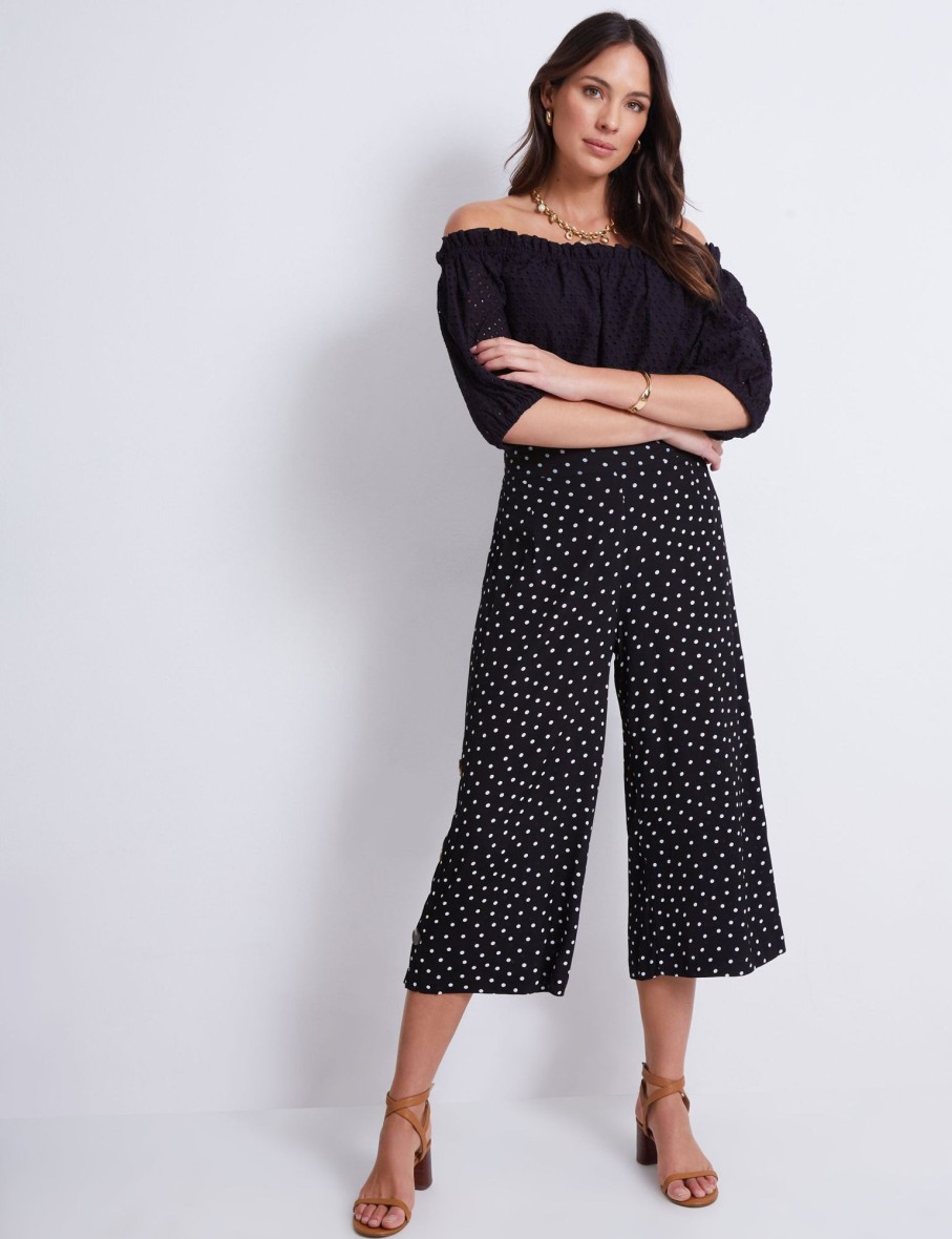 Bottoms Katies | Katies Crop Wide Legs Side Button Trim Pants