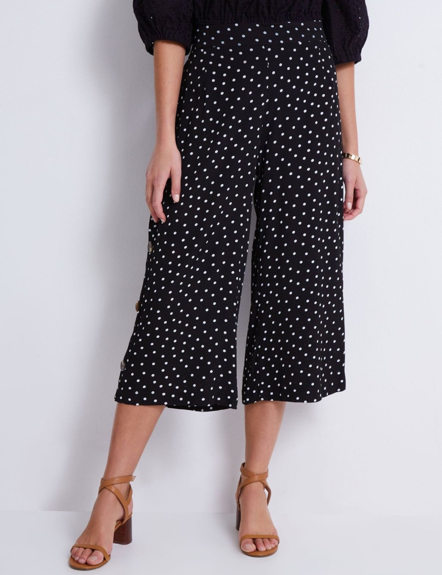 Bottoms Katies | Katies Crop Wide Legs Side Button Trim Pants