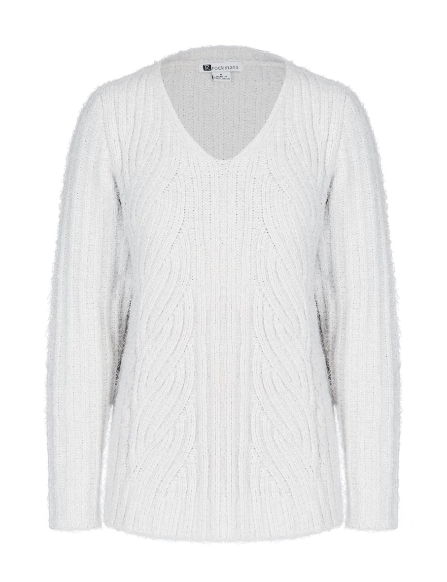 Knitwear Rockmans | Rockmans Long Sleeve Fuzzy Cable Knitwear Top