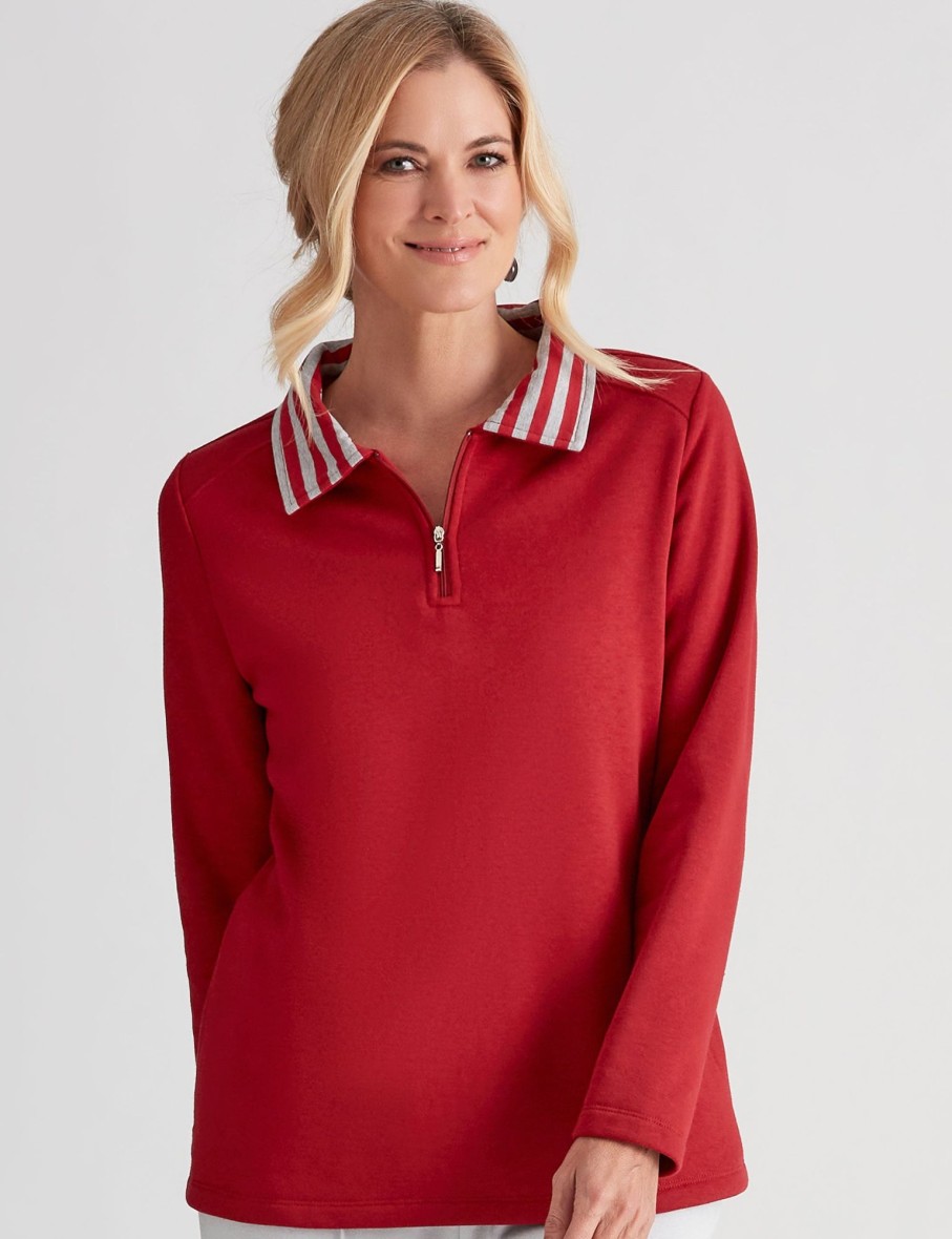 Tops NoniB | Stripe Collar Zip Fleece Top