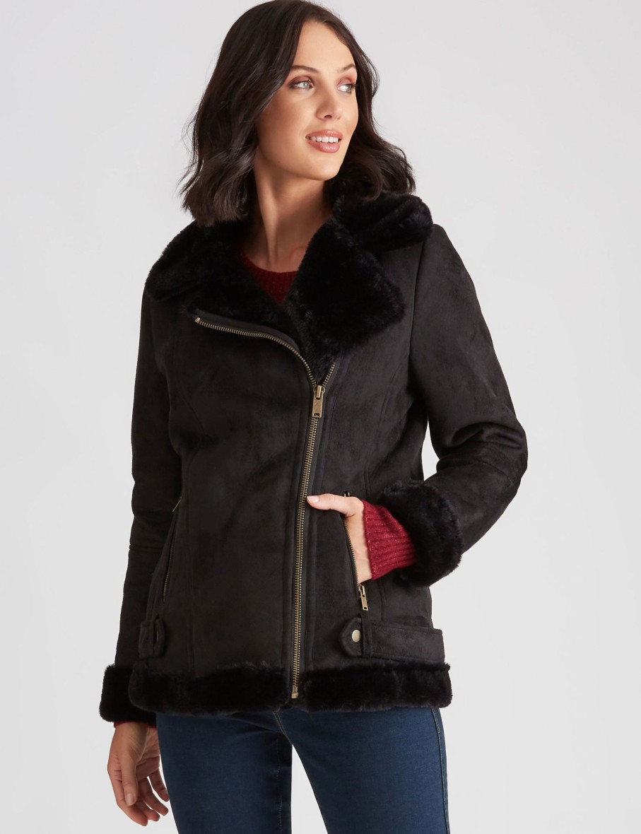 Outerwear Katies | Katies Sherpa Biker Coat