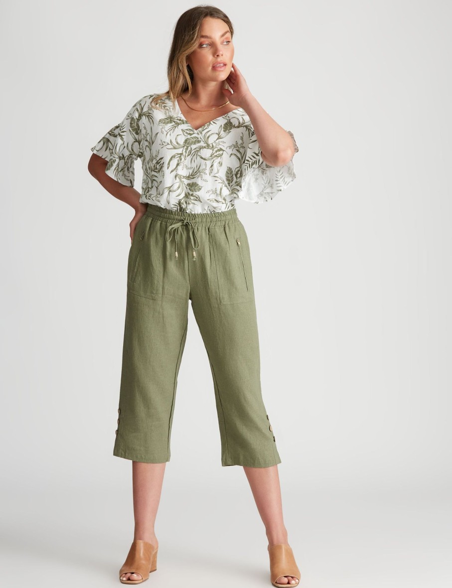 Bottoms Rockmans | Rockmans Crop Linen Button Pants