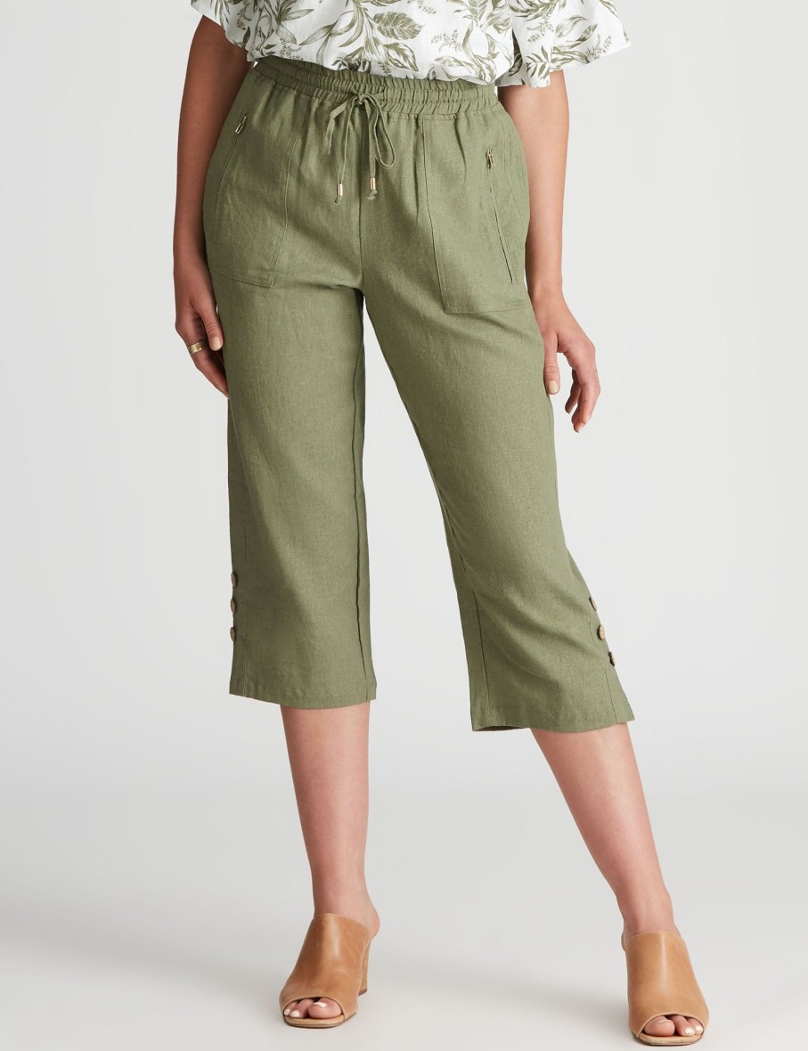 Bottoms Rockmans | Rockmans Crop Linen Button Pants