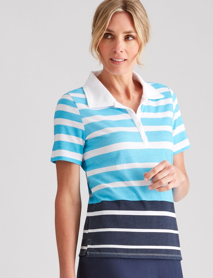 Tops NoniB | Noni B Short Sleeve Print Stripe Polo