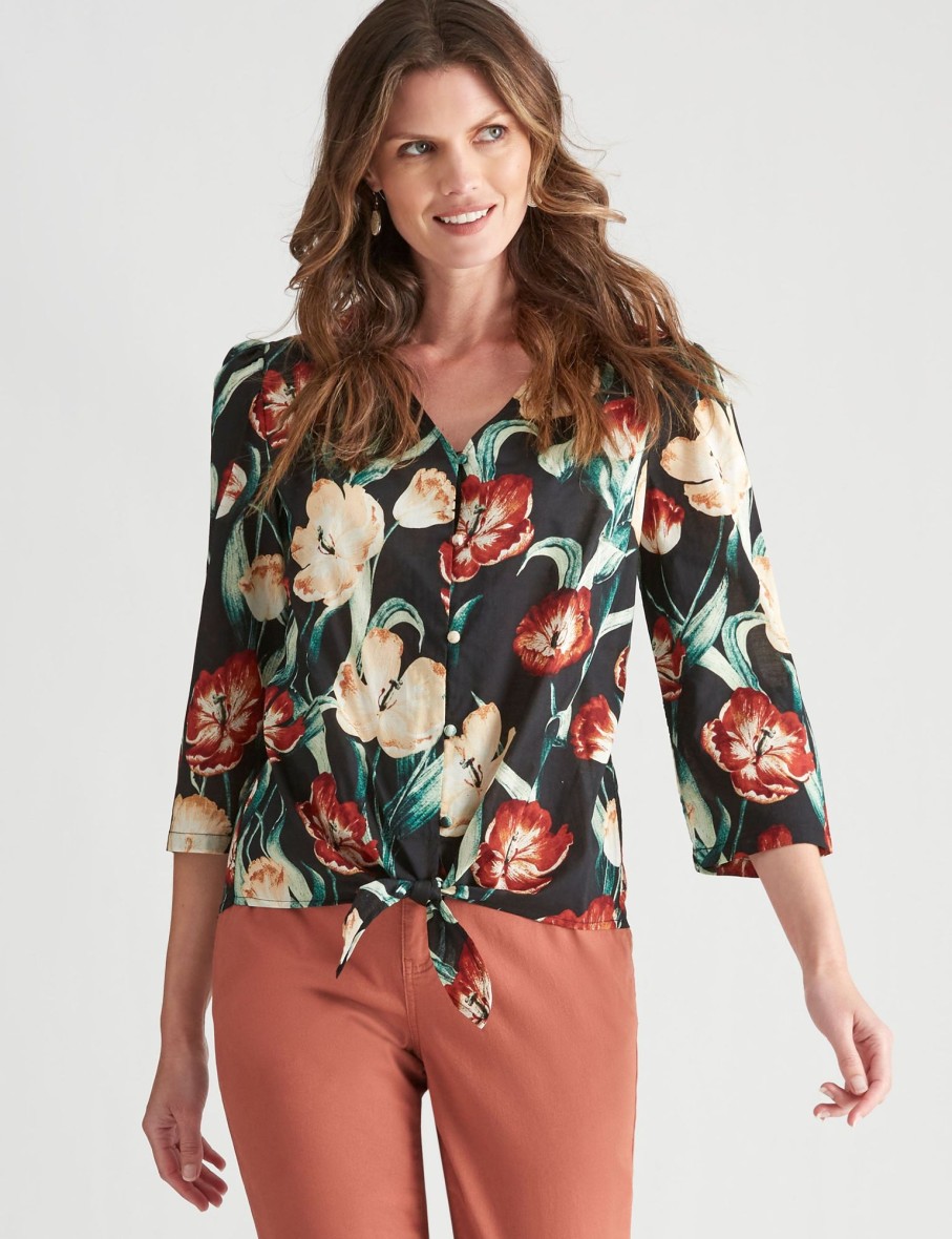 Tops WLane | W.Lane Dobby Embroidered Tie Front Top