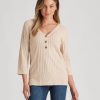 Knitwear Rockmans | Rockmans 3/4 Sleeve Button Rib Knitwear Top