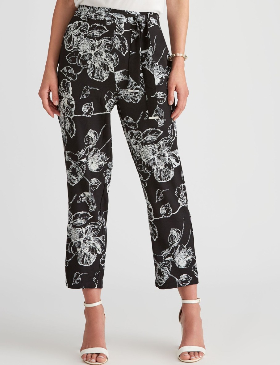 Bottoms LizJordan | Liz Jordan Tie Waist Tapered Floral Pant