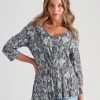 Tops Rockmans | Rockmans 3/4 Sleeve Soft Peplum Print Top