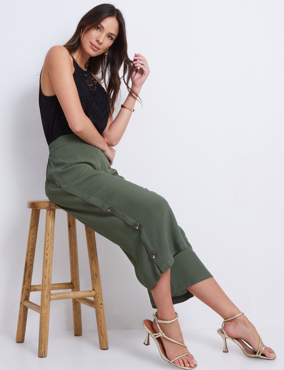 Bottoms Katies | Katies Crop Wide Legs Side Button Trim Pants