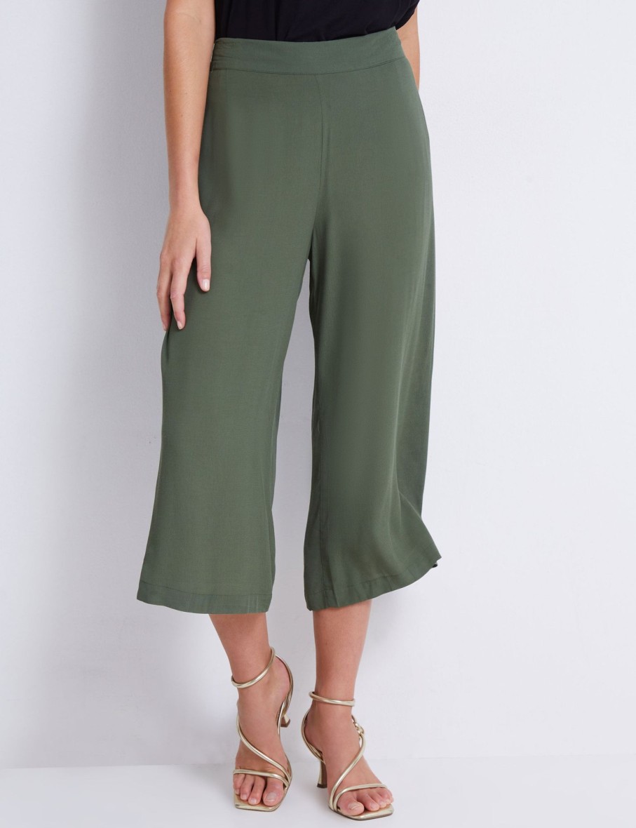 Bottoms Katies | Katies Crop Wide Legs Side Button Trim Pants