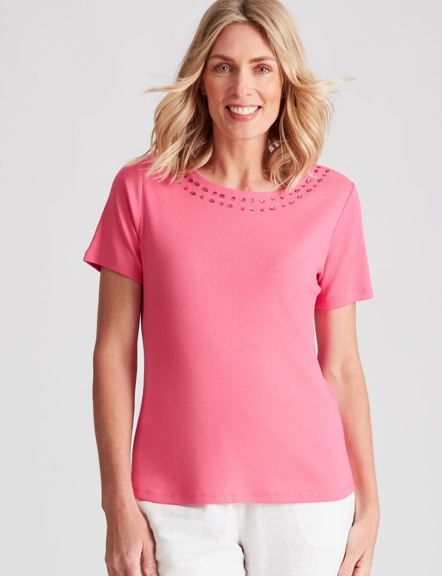 Tops NoniB | Noni B Round Neck Jewelled Rib Top