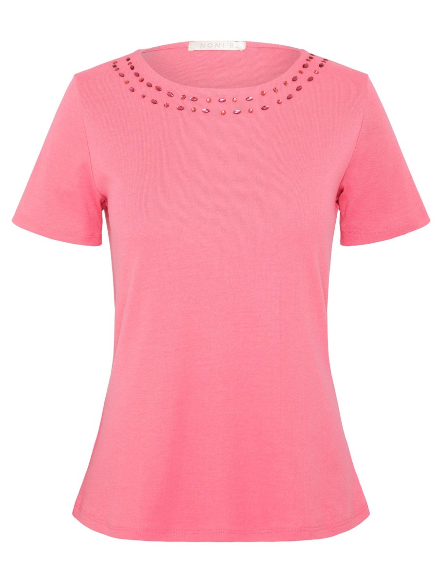 Tops NoniB | Noni B Round Neck Jewelled Rib Top