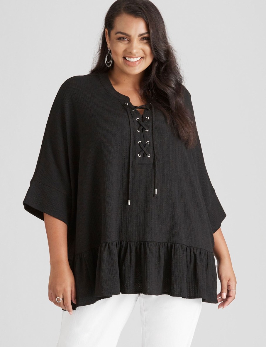 Tops Beme | Beme Lace Up Frill Hem Shirt