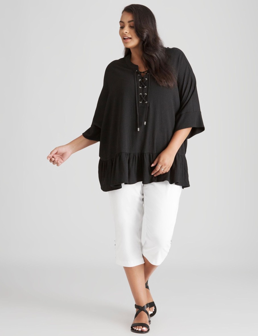 Tops Beme | Beme Lace Up Frill Hem Shirt