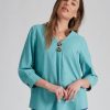 Tops Rockmans | Rockmans 3/4 Sleeve Curved Hem Linen Button Top