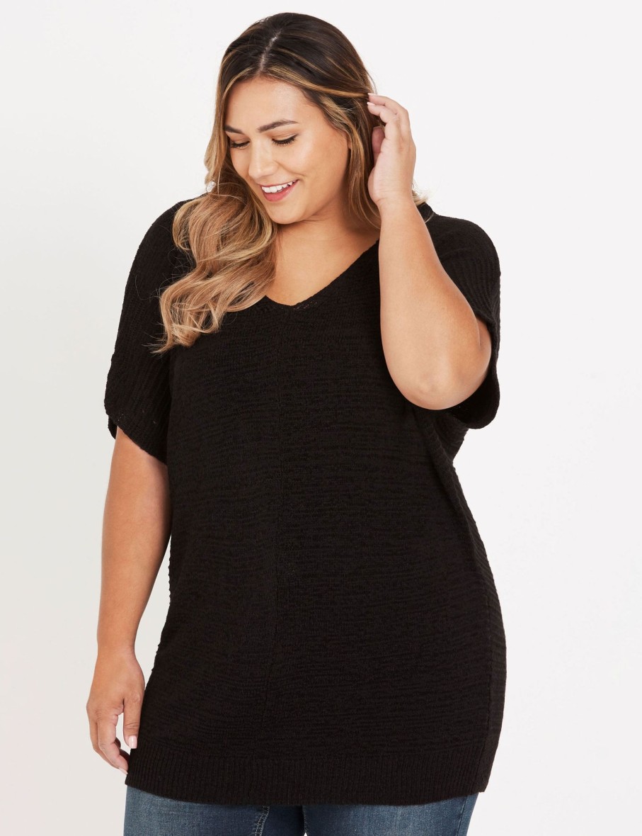 Knitwear Beme | Beme Curve Society Short Sleeve V Front Back True Knitwear Top