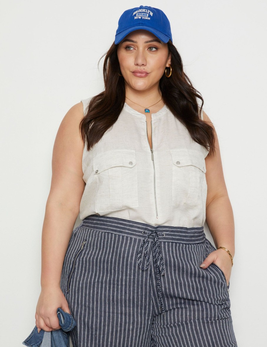 Tops Beme | Beme Sleeveless Zipped Front Pocket Linen Shirt