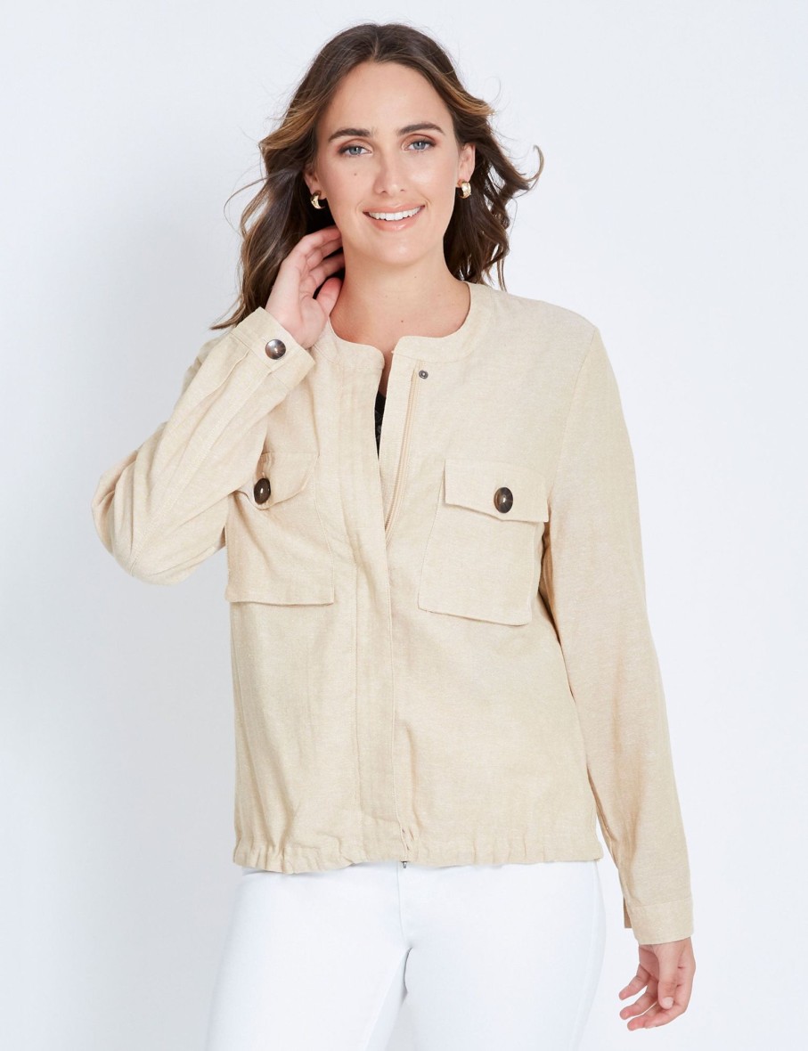 Outerwear Katies | Katies Linen Bomber Jacket