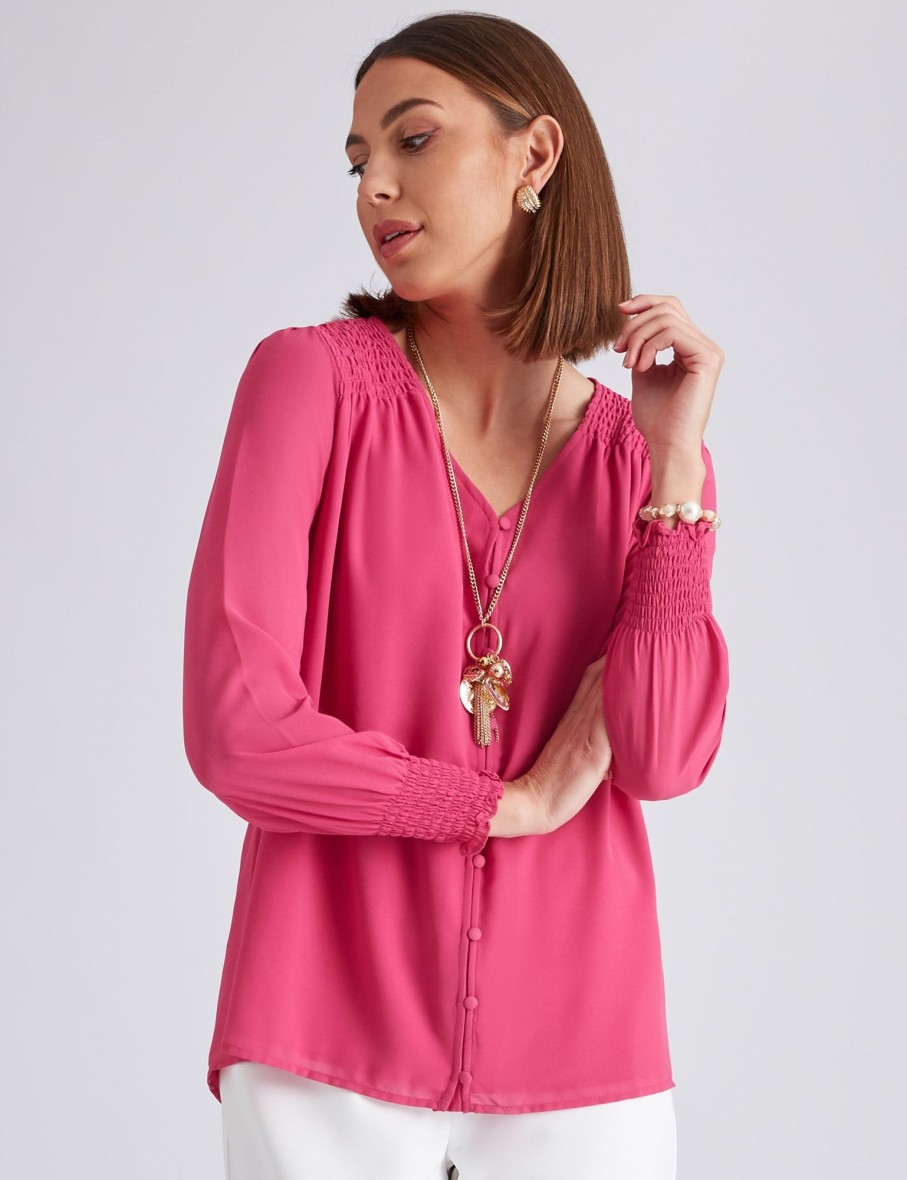 Tops NoniB | Noni B Shirred Trim Button Blouse