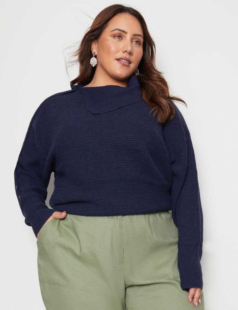 Knitwear Beme | Beme Long Sleeve Button Detail Curve Hem Pullover Top