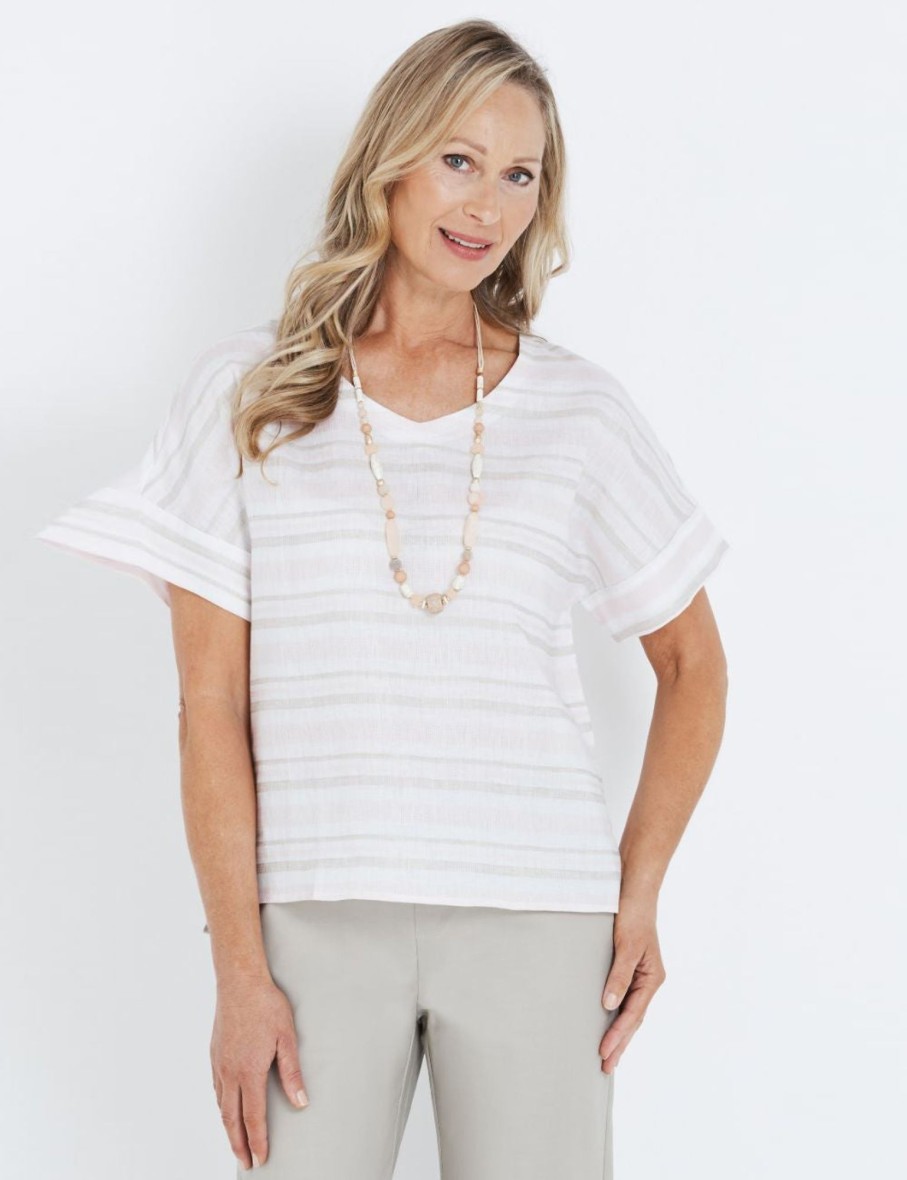 Tops NoniB | S/S V Neck Stripe Linen Top